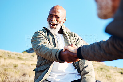 Buy stock photo Hiking, helping and black man hands with friends for support, climbing and mountain trekking. Assistance, adventure and hikers in nature for exercise, travel and freedom of teamwork, care and trust 