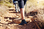 Closeup, legs and hiker in nature, fitness and exercise for wellness, fresh air and on summer vacation. Zoom, leg and athlete outdoor, hiking and workout in the wilderness for health and adventure