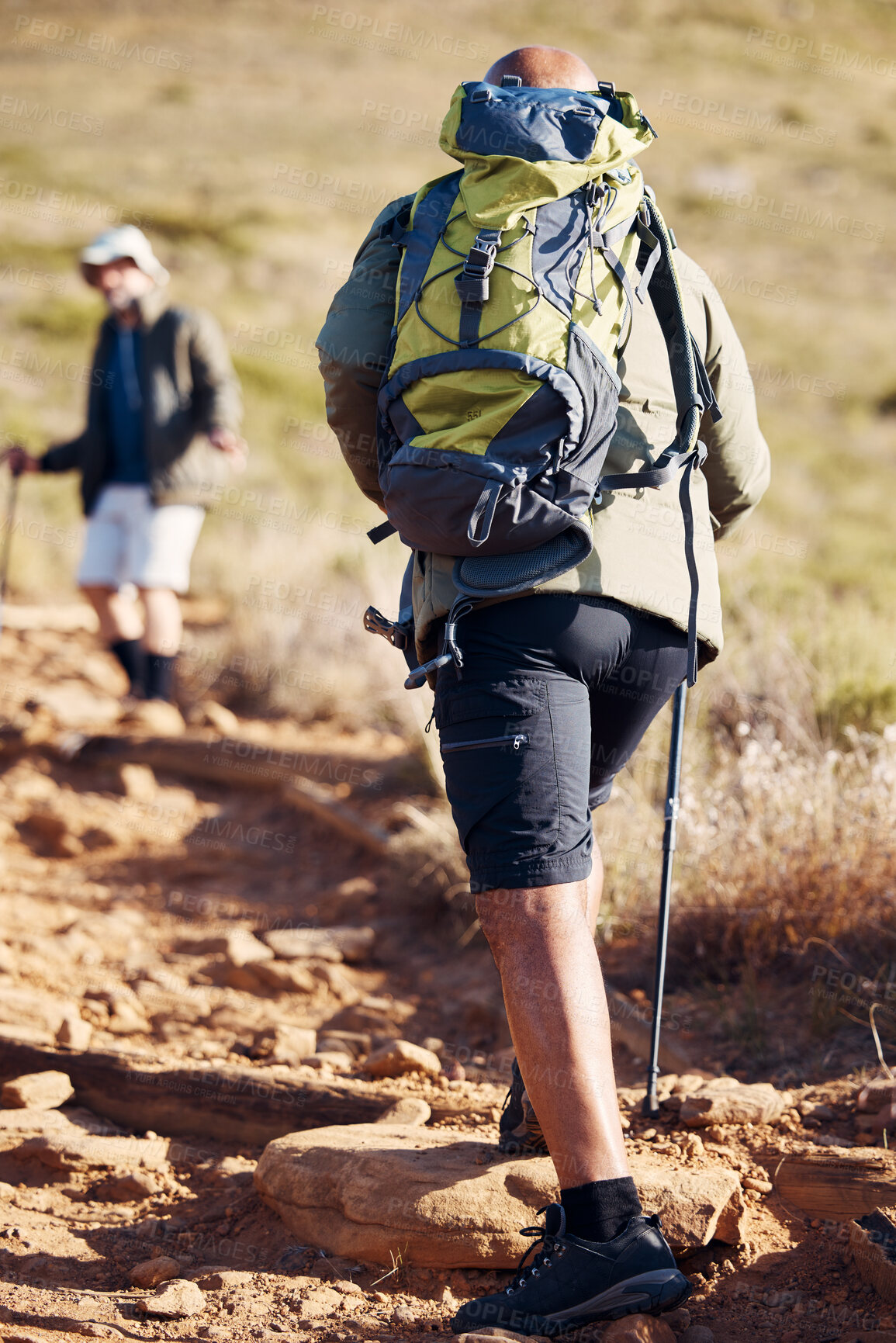 Buy stock photo Senior hiking, nature and elderly men walking on a mountain path outdoor for cardio. Friends, exercise and workout in summer of an old man back on a journey and adventure in the mountains for fitness