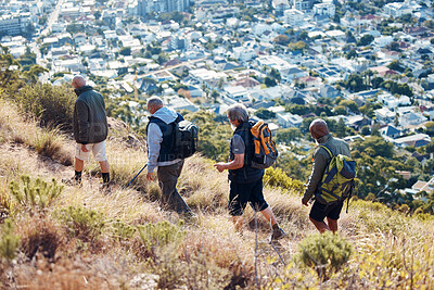 Buy stock photo Hiking, city and group of old men on mountain for fitness, trekking and backpacking adventure. Explorer, discovery and expedition with friends mountaineering for health, retirement and journey
