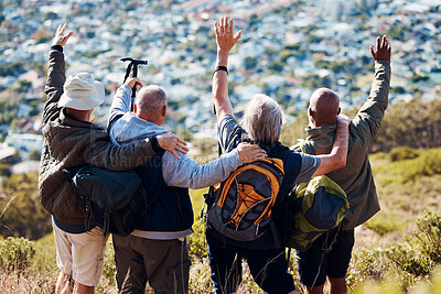 Buy stock photo Celebration, nature and senior people hiking for exercise, health and wellness in mountain. Freedom, adventure and group of elderly friends in retirement trekking for fitness in the forest or woods.