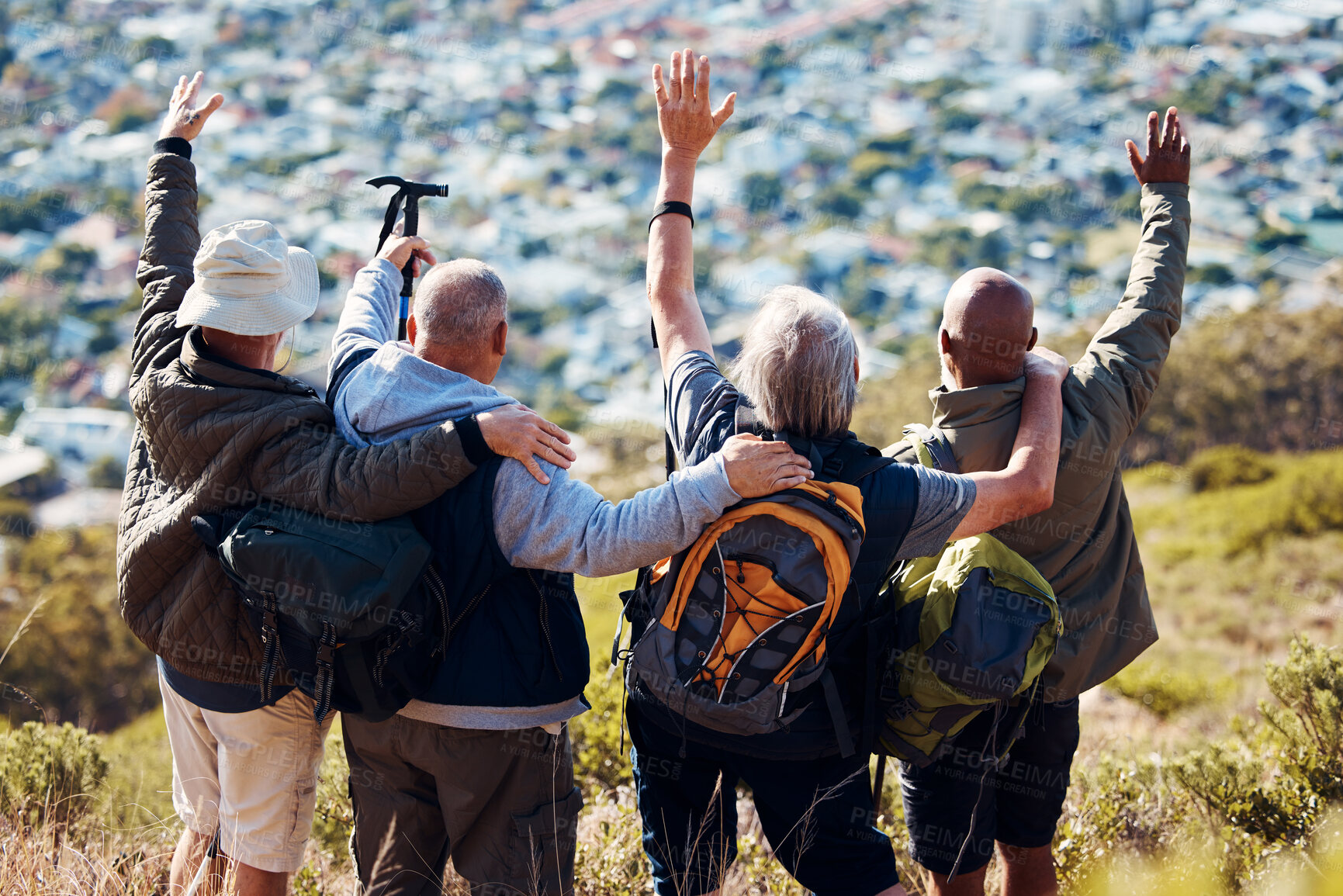 Buy stock photo Celebration, nature and senior people hiking for exercise, health and wellness in mountain. Freedom, adventure and group of elderly friends in retirement trekking for fitness in the forest or woods.