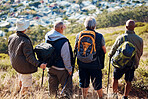 Hiking, city and relax with old men on mountain for fitness, trekking and backpacking adventure. Explorer, discovery and expedition with friends mountaineering for health, retirement and journey