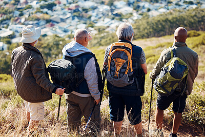 Buy stock photo Hiking, city and relax with old men on mountain for fitness, trekking and backpacking adventure. Explorer, discovery and expedition with friends mountaineering for health, retirement and journey