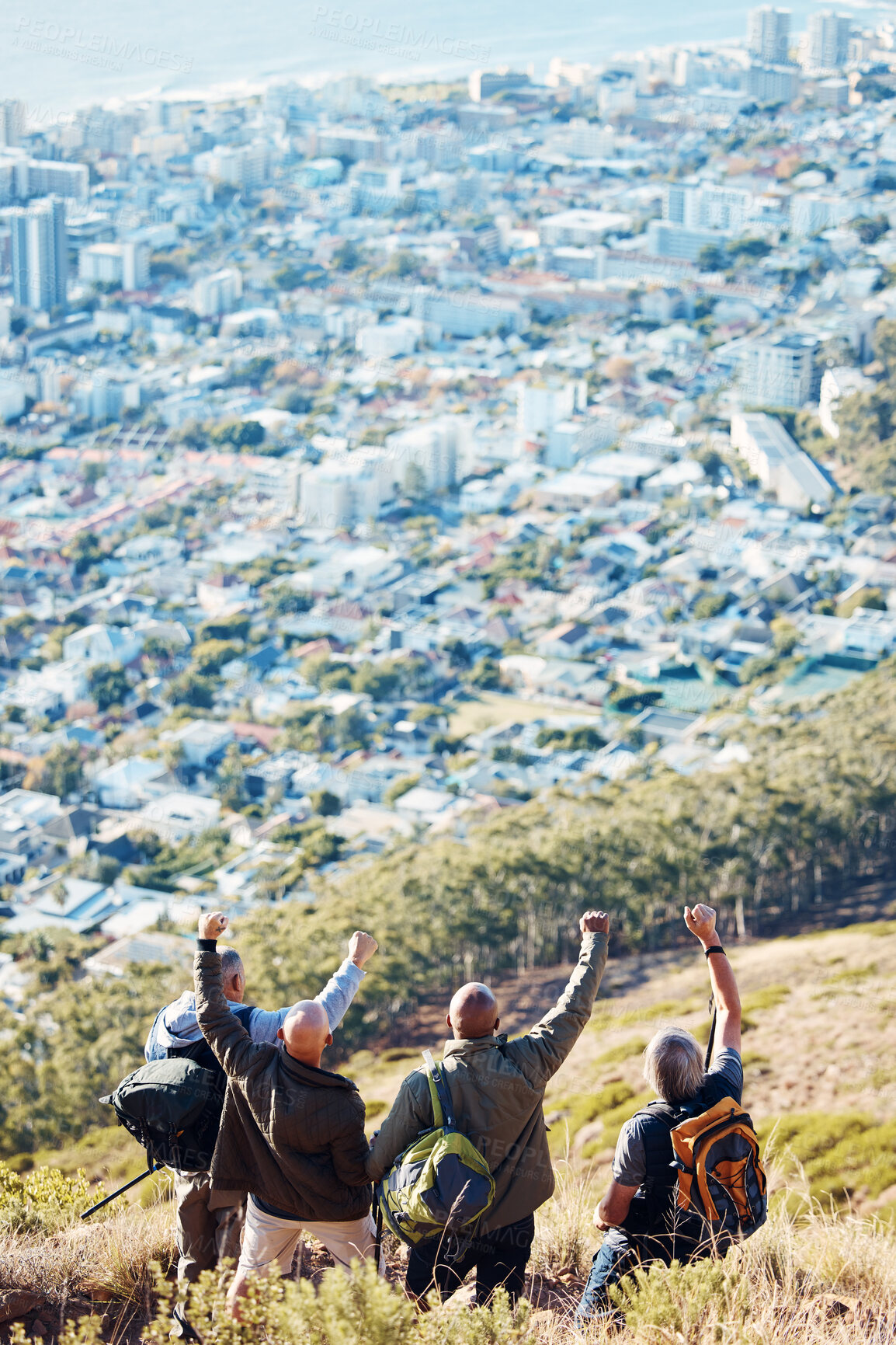 Buy stock photo Hiking, success and group of old men on mountain for fitness, trekking or backpacking adventure. Challenge, celebration and expedition with friends mountaineering for health, retirement or journey