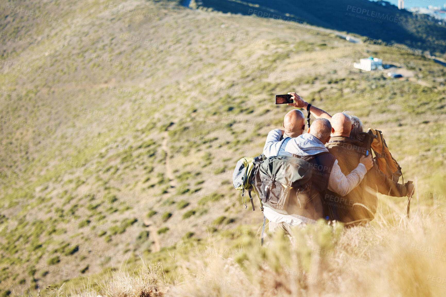 Buy stock photo Hiking, selfie and senior men on mountain for trekking, backpacking and adventure with mockup. Social media, internet and photographer with friends and phone in nature for discovery or journey