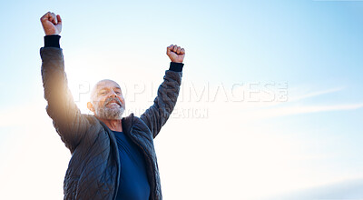 Buy stock photo Success, hiking and portrait of man in nature for travel, fitness and freedom in Norway. Excited, motivation and mature person with celebration, achievement and climbing win on a blue sky with mockup