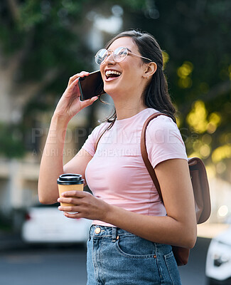 Buy stock photo Travel, smile or student woman with phone call in morning for communication, networking or speaking in street. London, university or girl on 5g smartphone walking in city, street or road outdoor park