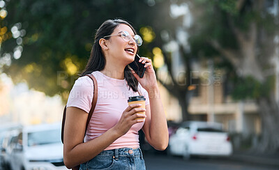 Buy stock photo Happy, travel or student woman with phone call in morning for communication, networking or speaking in London. Smile university or girl on 5g smartphone walking in city, street or road outdoor