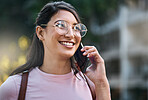 Mockup, phone call and woman in a city for travel, vacation and holiday on blurred background. Girl, student and smartphone conversation, happy and smile while relax on break, cheerful and excited
