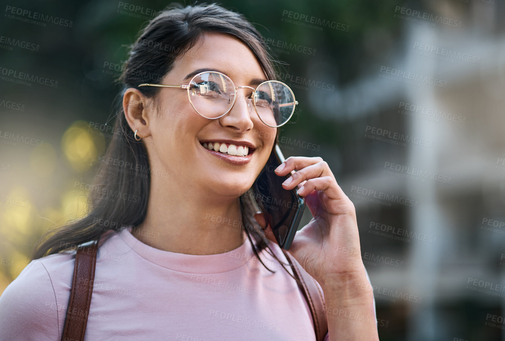Buy stock photo Mockup, phone call and woman in a city for travel, vacation and holiday on blurred background. Girl, student and smartphone conversation, happy and smile while relax on break, cheerful and excited