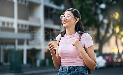Buy stock photo Travel, coffee and woman walking in a city building with freedom on a urban adventure in Italy. Relax, smile and morning drink of a young person on vacation with happiness and backpack outdoor