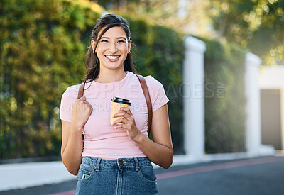 Buy stock photo Travel, coffee and happy woman portrait by a city building with freedom on a urban in summer. Relax, smile and morning drink of a young person on vacation with happiness and backpack outdoor