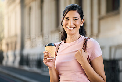 Buy stock photo Travel, coffee and woman portrait by a city building with freedom on a urban adventure in Italy. Relax, smile and morning drink of a young person on vacation with happiness and backpack outdoor