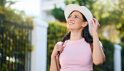 Buy stock photo Woman, walking and thinking of a young person happy about nature, travel and freedom. Happiness, smile and laughing female with blurred background in a garden feeling relax and summer fun