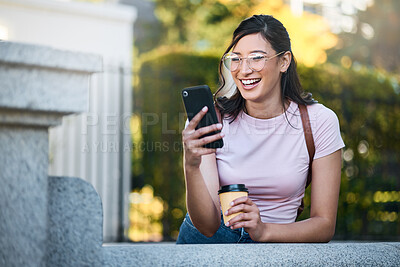 Buy stock photo Happy, search or student woman with phone in morning for social media, networking or reading comic blog. Smile university or girl on 5g smartphone at college building for learning or blog outdoor