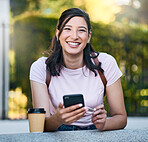 Asian woman, phone and portrait with coffee of a person in a London garden happy about travel. Networking, online communication and text of a traveler on cellphone with blurred background on app