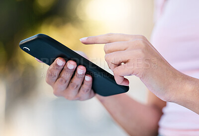 Buy stock photo Phone scroll, woman hands and mobile networking of a person doing urban travel with 5g connection. Digital gps, hand and zoom of a young person on social media or reading text with blurred background