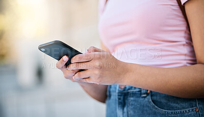 Buy stock photo Phone, woman hands and mobile communication of a person doing urban travel with 5g connection. Digital gps, hand and zoom of a young person on social media or reading a text with blurred background