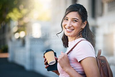 Buy stock photo Travel, portrait and happy woman by a city building with freedom on a urban adventure in Italy. Relax, smile and morning coffee of a young person on vacation with happiness and blurred background