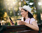 Happy, search or woman with phone on park bench in morning for social media, networking or reading comic blog. Smile, coffee or girl on 5g smartphone for freedom, web or internet news communication