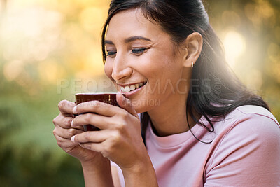 Buy stock photo Happy, mockup and woman relax with coffee, content and satisfied against a blurred background. Smile, space and girl with tea at outdoor cafe, peaceful and calm while enjoying the day off on bokeh