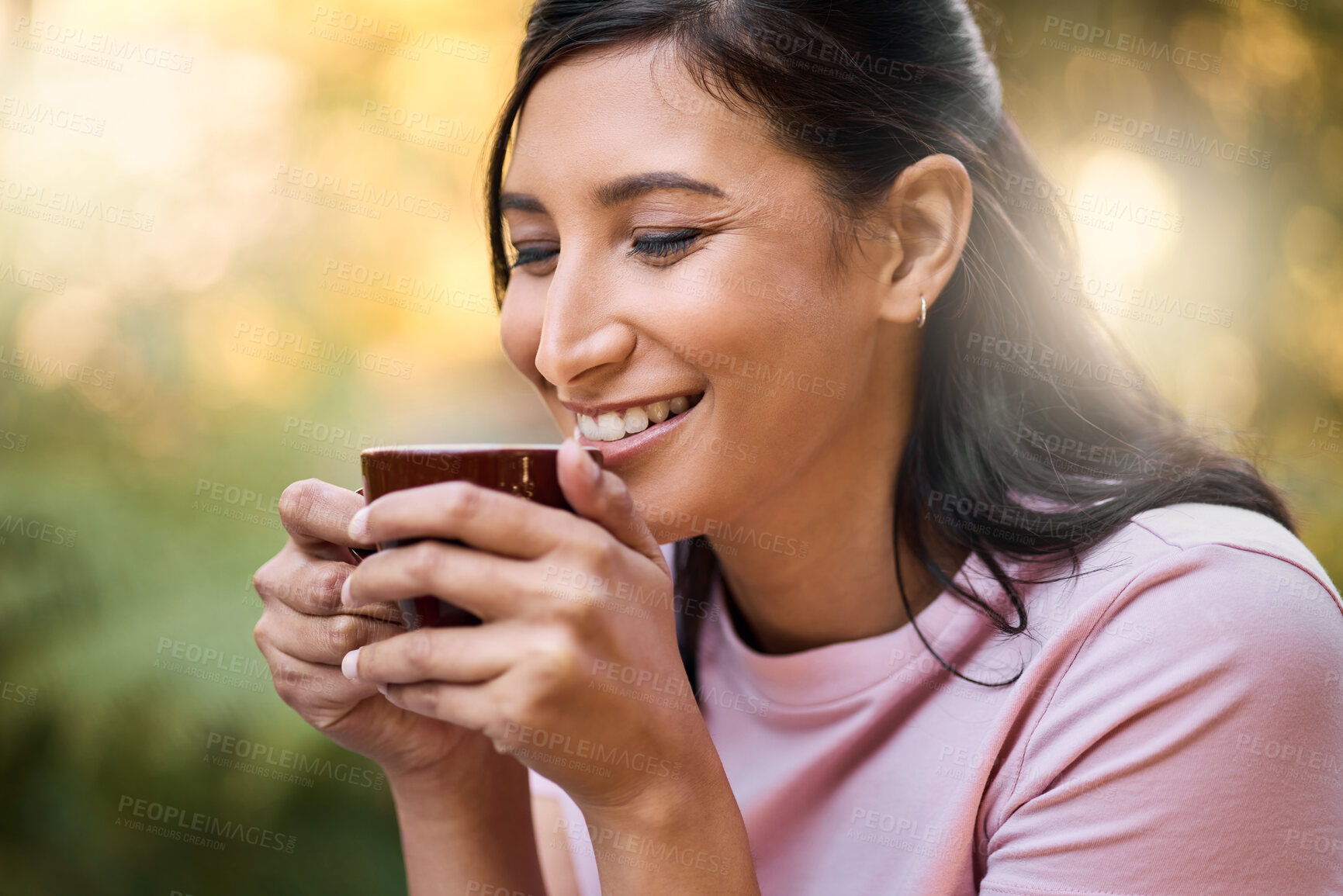 Buy stock photo Happy, mockup and woman relax with coffee, content and satisfied against a blurred background. Smile, space and girl with tea at outdoor cafe, peaceful and calm while enjoying the day off on bokeh