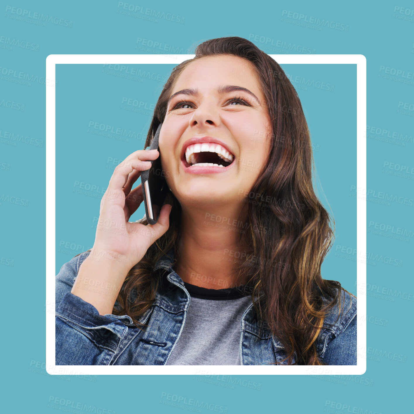 Buy stock photo Frame, phone call and woman with smile, connection and laughing with girl on blue studio background. Female, lady or smartphone for communication, chatting or talking with happiness, cheerful or joy 