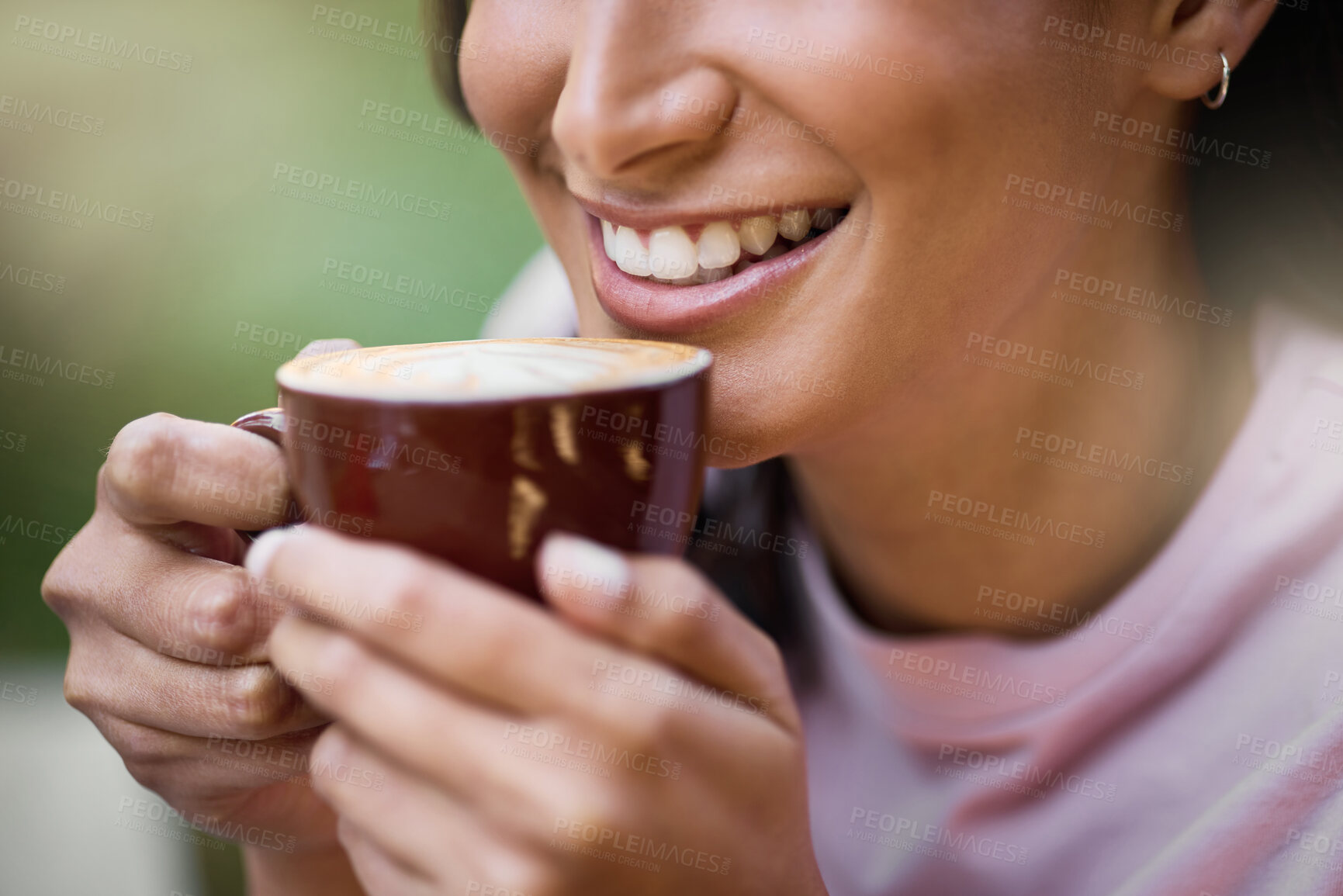 Buy stock photo Happy, closeup and woman relax with coffee, content and satisfied on a blurred background. Smile, zoom and hands of girl with tea at outdoor cafe, peaceful and calm while enjoying off day or weekend