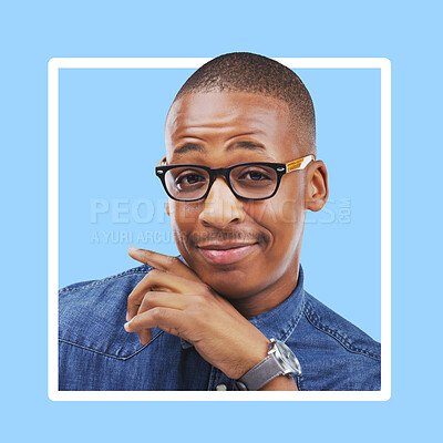 Buy stock photo Portrait, frame or black man with happiness, achievement or opportunity with success on blue studio background. Face, border or African American male with confidence, smile or celebration on backdrop