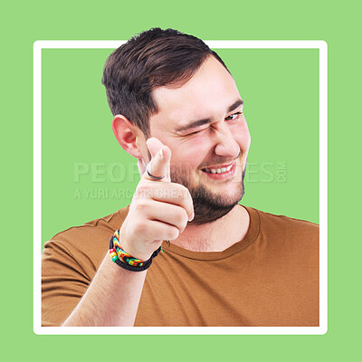 Buy stock photo Winking, pointing and smile with portrait of man for winner, emoji and success motivation. Happy, thank you and friendly with face of guy and positive gesture for yes, opportunity and goal in frame