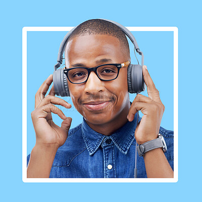Buy stock photo Black woman, portrait and headphones for music with a smile for motivation with blue background. Face of African model person listening to podcast or audio with color wallpaper backdrop in studio 