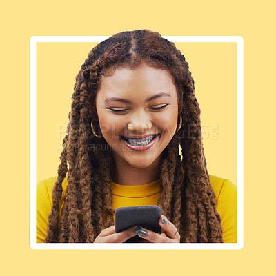 Buy stock photo Frame, black woman and smartphone for social media, online reading and smile on studio background. Border, African American female and girl with cellphone, connection and typing for text and chatting