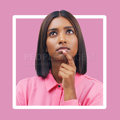 Buy stock photo Confused, thinking and woman in studio on mockup, space and advertising on pink background. Unsure, doubt and indian girl contemplating, pensive and emoji gesture while standing in box frame isolated
