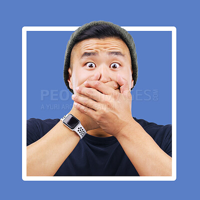 Buy stock photo Portrait, man and hands over mouth for wow, shocked and news in studio for advertising on blue background. Omg, face or emoji by asian guy shock for secret, drama or secret on mockup space isolated