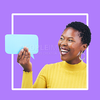 Buy stock photo Social media, chat and black woman with a speech bubble for communication isolated on a background. Mockup, review and laughing African girl holding a board for news, a voice and announcement