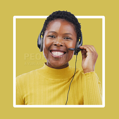 Buy stock photo Contact us, black woman and call center portrait in studio for advertising, telemarketing or help on yellow background. Customer service, crm and face of girl consultant on frame for online support