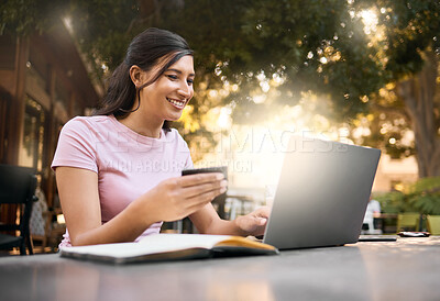 Buy stock photo Credit card, happy woman and laptop banking data of a female checking savings, budget and bills. Financial payment planning, ecommerce and accounting info of a young person online doing web finance
