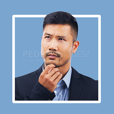 Buy stock photo Thinking, confused and businessman in studio with mockup, advertising and blue background space. Doubt, unsure and contemplation with asian guy thoughtful, pensive and emoji gesture while isolated