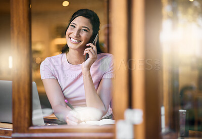 Buy stock photo Coffee shop window, portrait and woman on a phone call doing online work in a cafe. Computer, smile and happiness of a young person in a restaurant doing online writing in the morning with lens flare
