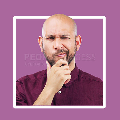 Buy stock photo Thinking, confused and mockup by man in frame, studio and advertising, space and purple background. Doubt, unsure and contemplation by guy thoughtful, pensive or emoji gesture while standing isolated