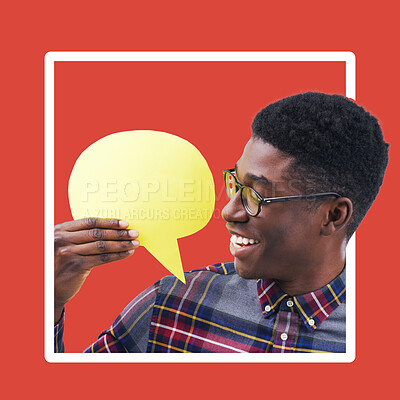 Buy stock photo Speech bubble, mockup and man in studio for advertising, space and poster against red background. Billboard, branding and paper copy space by male excited about marketing, product placement or brand