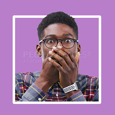 Buy stock photo Portrait, black man and hands over mouth for wow, shocked news and purple frame, border and studio background. Omg, surprised face and guy gasp for secret, oops drama and emoji reaction to wtf gossip