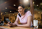 Cafe, search or student woman on phone in morning for social media, networking or reading comic blog. Smile university or girl on smartphone at college coffee shop for learning or internet media app