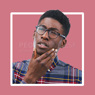 Buy stock photo Thinking, confused and man in studio with mockup, advertising and pink background space. Doubt, unsure and contemplation with black guy thoughtful, pensive and emoji gesture while standing isolated