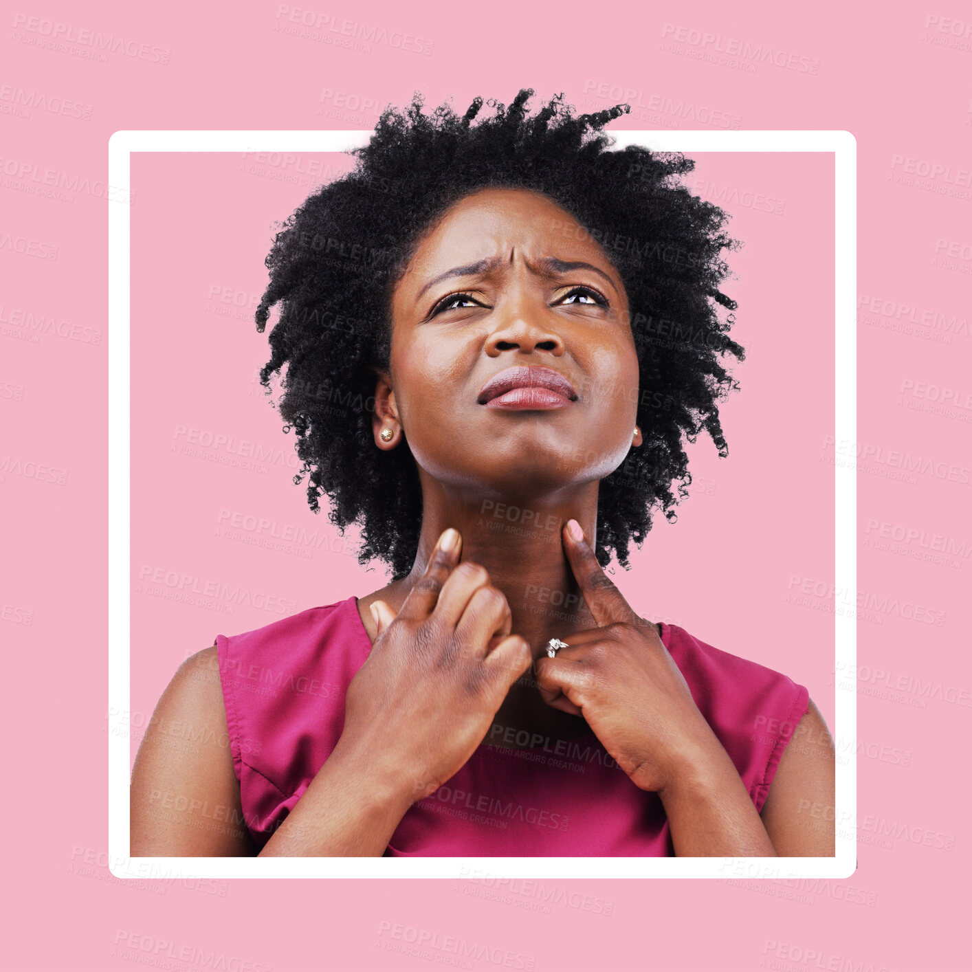 Buy stock photo Black woman, throat and sick pain on pink background frame medical health risk in studio. Sore neck, female anatomy or virus of tuberculosis, itchy voice problem or face wellness of allergic reaction