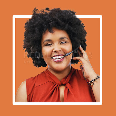 Buy stock photo Call center, portrait and black woman consulting for crm, telemarketing and customer service on orange background.  Face, consultant and female happy in online support, help or legal advice on mockup