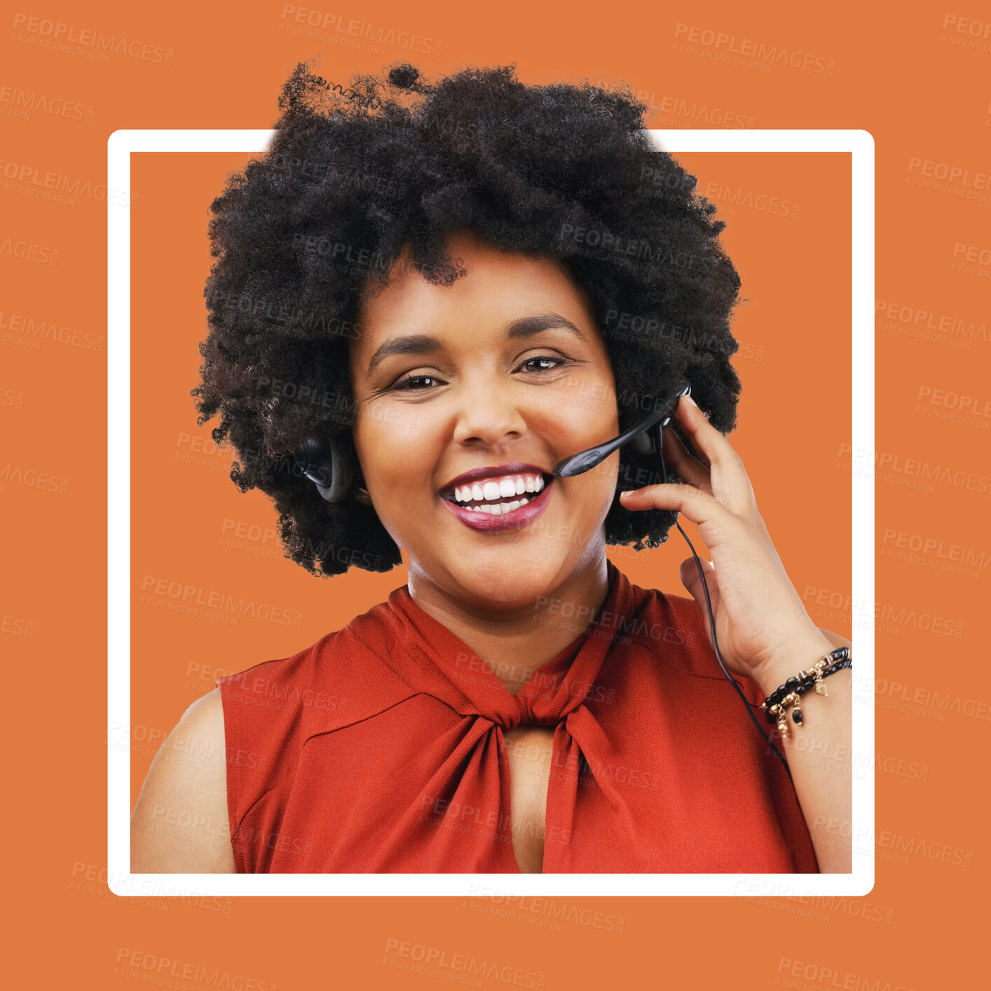 Buy stock photo Call center, portrait and black woman consulting for crm, telemarketing and customer service on orange background.  Face, consultant and female happy in online support, help or legal advice on mockup