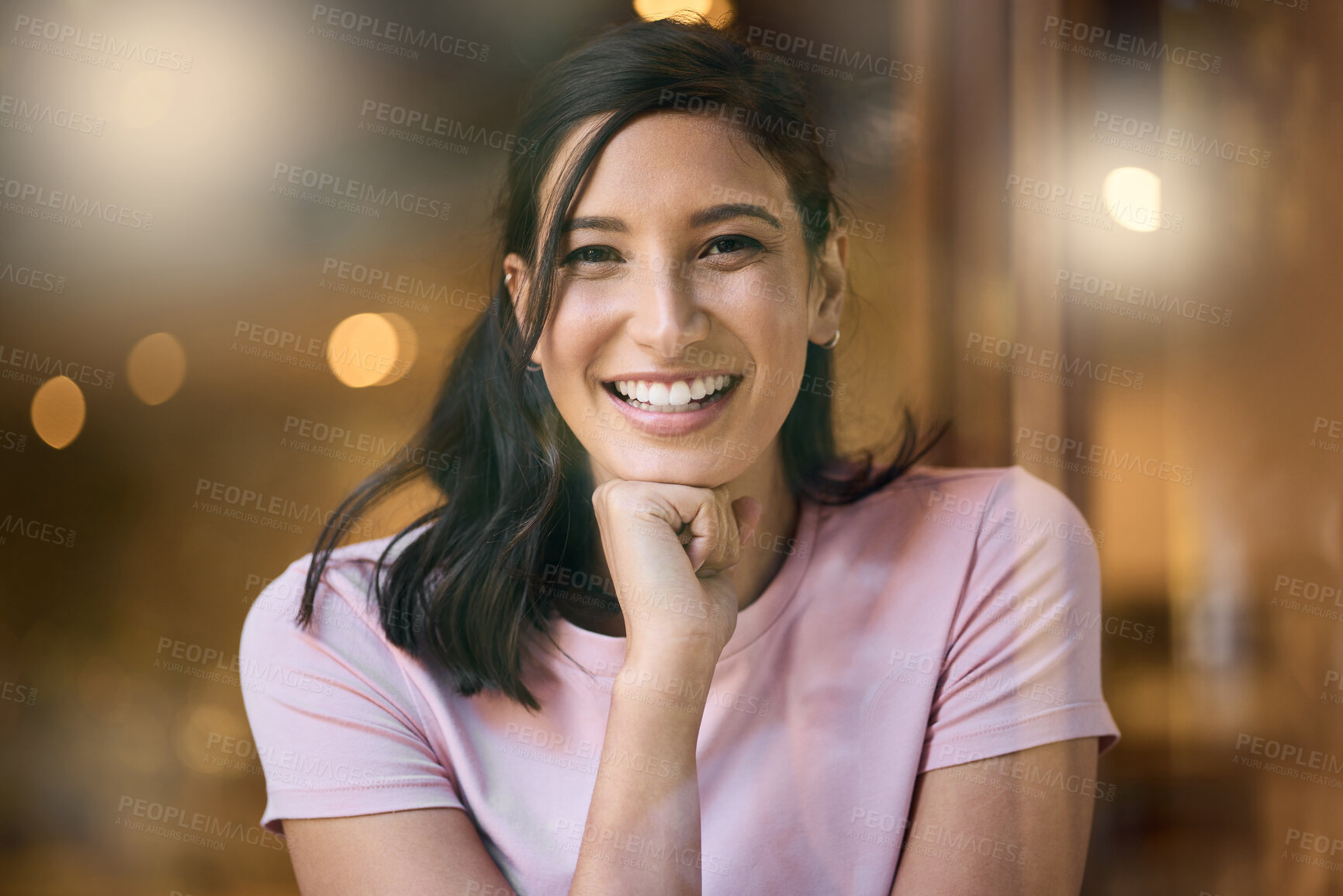 Buy stock photo Woman, face and happy portrait with bokeh mockup space for motivation, mindset and kindness. Face of model person with smile for advertising positivity, happiness and free time in cafe or coffee shop