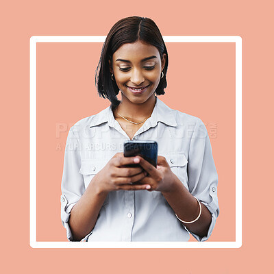 Buy stock photo Social media, chat and woman on a phone for connection isolated on a digital studio background. Creative, communication and girl typing on a mobile for contact update on a wallpaper backdrop